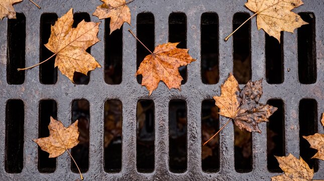 Vibrant autumn maple leaves resting gracefully upon a wet dark metal storm drain street grate surface
