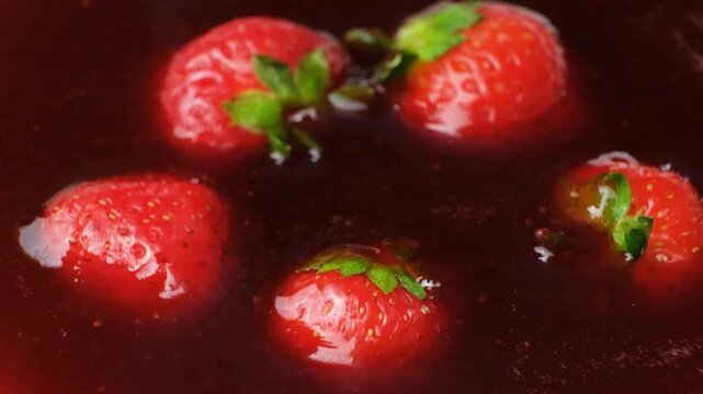 Fresh strawberries falling into strawberry sauce slow motion