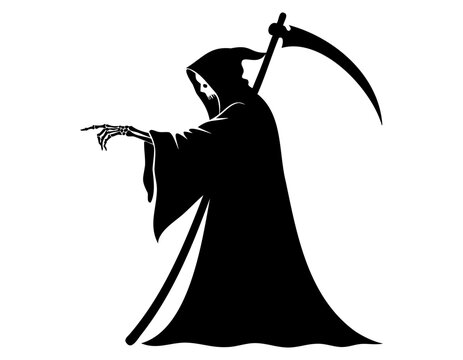 Grim reaper silhouette pointing with a scythe on his back vector illustration of death character