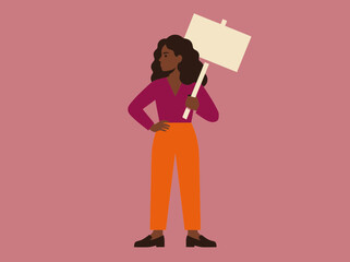 Fototapeta premium Empowered Black woman holding blank protest sign; flat illustration of activism and social justice.