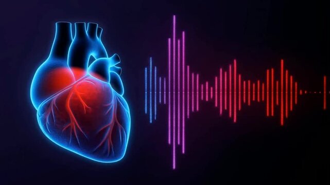 An animated glowing blue and red human heart beats in sync with a digital audio waveform equalizer graph flashing neon colors.