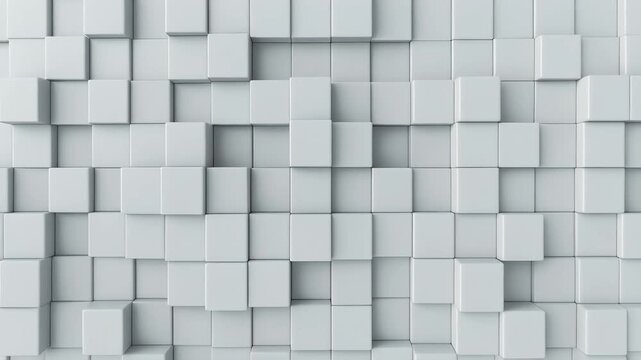 White cubes forming a three dimensional grid pattern with varying depths create a sophisticated architectural texture for interior walls.