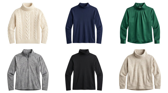 Assorted winter sweaters collection, cozy knit turtlenecks and fleece pullovers, warm autumn apparel set in neutral and jewel tones isolated PNG with Transparent Background