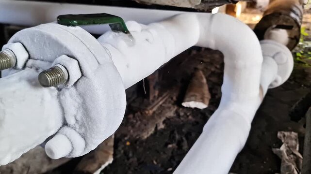 Frosted industrial pipe valve and flange connection covered in thick ice frost due to extreme cryogenic sub-zero cooling system.
