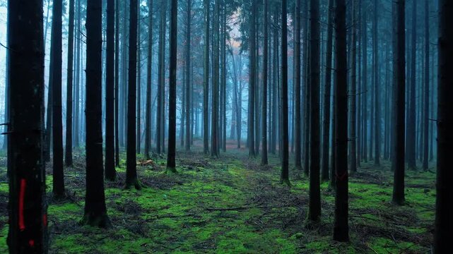 Mysterious foggy pine forest with vibrant green moss carpet on the ground. Tall dark tree trunks standing in misty blue atmosphere during early morning. Peaceful nature scenery.