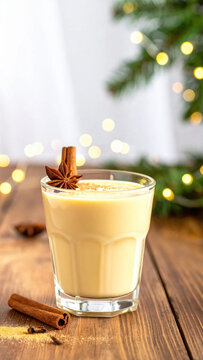 Eggnog glass cinnamon anise milk cream dessert holiday drink rustic eggnog glass cinnamon anise milk cream dessert holiday drink rustic background with warm festive mood Christmas Concept