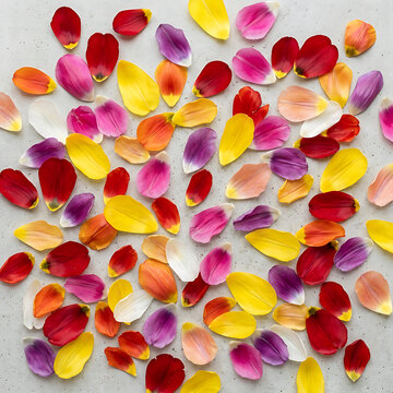 Colorful tulip petals scattered across neutral stone surface creating vibrant mosaic pattern top view arrangement.