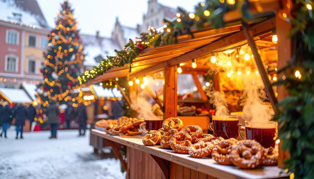 Festive winter Christmas market pretzel mulled wine snow night light outdoor Christmas market stall with steaming mulled wine and pretzel snack snowy winter night city square Christmas Concept