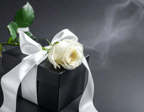 Gift box white rose white ribbon black box romantic present elegant surprise celebration concept floral decoration luxury style love symbol black gift box with white ribbon Christmas Concept