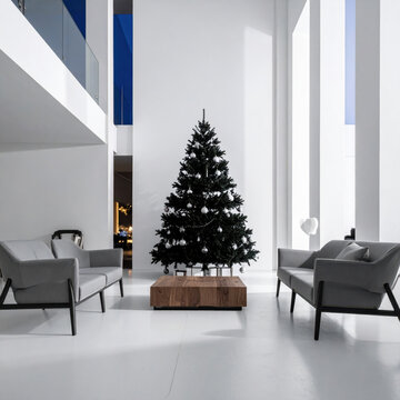 Modern living room minimalist interior Christmas tree grey sofa white wall natural light Scandinavian design winter holiday clean space stylish decor Christmas Concept