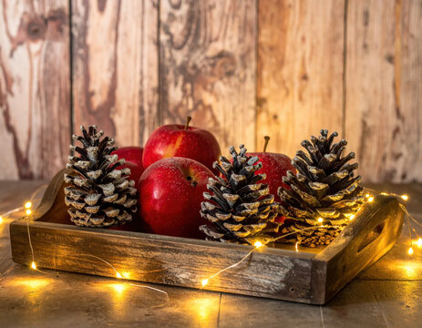 Rustic christmas decoration wooden tray red apple pine cone fairy light warm glow holiday season festive still life country decor cozy ambiance Rustic christmas decoration with Christmas Concept