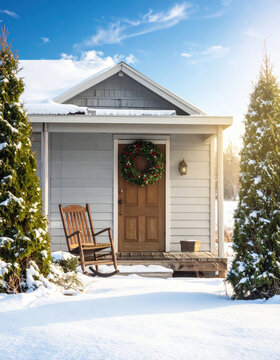 Snow winter cabin house porch wreath holiday christmas rustic rural Snow winter cabin house porch wreath holiday christmas rustic rural landscape tree pine evergreen front door Christmas Concept