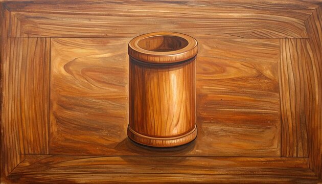 Wooden cup on textured wooden surface background.