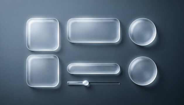 Frosted glass shapes with rounded corners and a slider control digital interface elements glassmorphism frostedglass