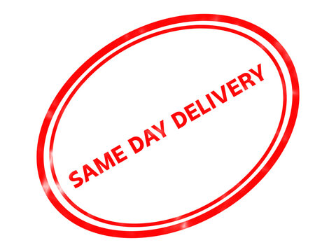 Red same day delivery rubber stamp, oval shipping seal icon, express courier service graphic for logistics and e-commerce