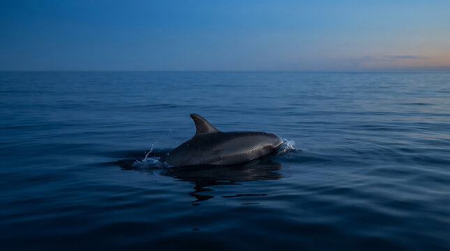 Dolphin dorsal fin breaking calm ocean surface during blue hour sunset capturing serene marine wildlife moment.