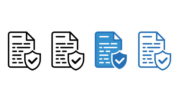 Secure document protection vector icon set featuring paper sheets with shield and checkmark symbols for privacy insurance policies