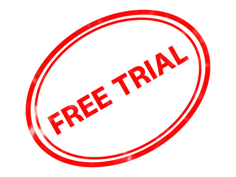 Red free trial rubber stamp icon, oval promotional seal for marketing, glossy red free trial badge for business offers and software demos