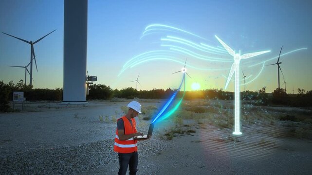 Wind energy digital twin with engineer monitoring turbine performance, airflow, power output and wind conditions