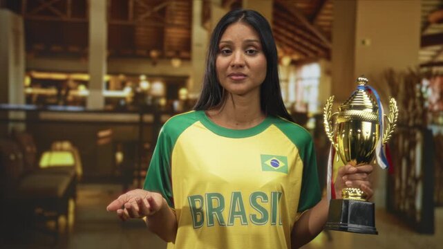 Young brunette hispanic woman in brasil t shirt holds large gold trophy in right hand with palm up gesture in studio; disappointment doubt uncertainty.