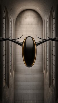 Futuristic black drone hovering in gothic cathedral.