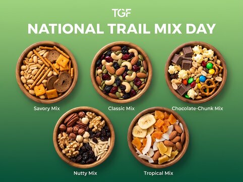 National Trail Mix Day Five Bowls Of Different Mix Varieties