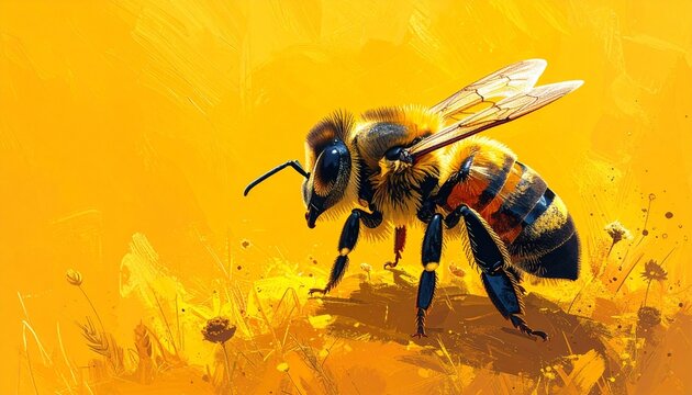 Close up of a honey bee on vibrant yellow background.