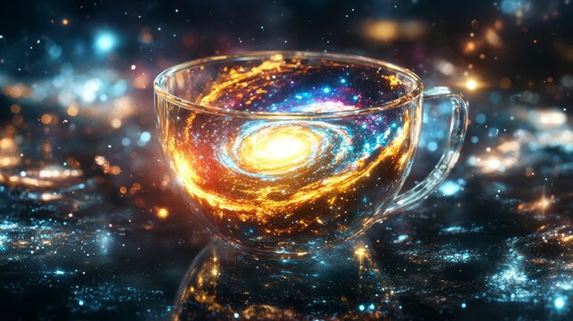 Surreal transparent teacup holding bright galaxy swirl with stars and sparkling reflections creates magical cosmic drink scene for fantasy beverage space travel dreams imaginative lifestyle concept
