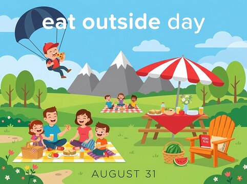 Eat Outside Day August 31 Cartoon Family Picnic Mountain Landscape