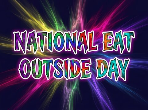 National Eat Outside Day Rainbow Text Neon Light Burst Background