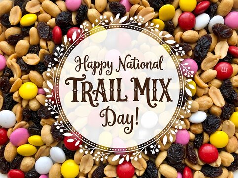 Happy National Trail Mix Day Badge On Colorful Snack Background
