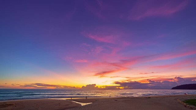 Stunning time lapse footage of a tropical beach at sunset, featuring textured clouds shifting across a colorful sky while waves gently crash onto the sandy shore. Ideal for themes of vacation
