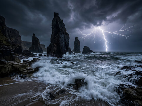 Dramatic lightning strike illuminates stormy sea with crashing waves and towering rock formations.