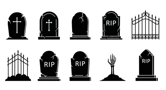 Spooky Halloween tombstone icons set, black cemetery headstone silhouettes, 10 graveyard vector elements for horror design