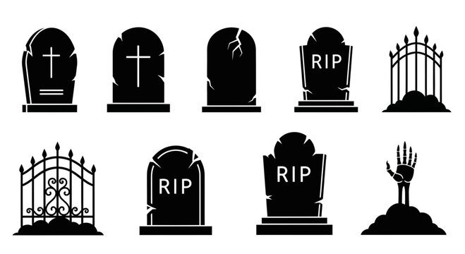 Halloween gravestone icons set, spooky cemetery headstone silhouettes, 9 vector grave elements for horror design