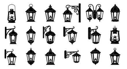 Vintage street lantern silhouettes, 18 antique outdoor lamp icons, black Victorian garden light vector set for architectural design © ZINIYAISLAM