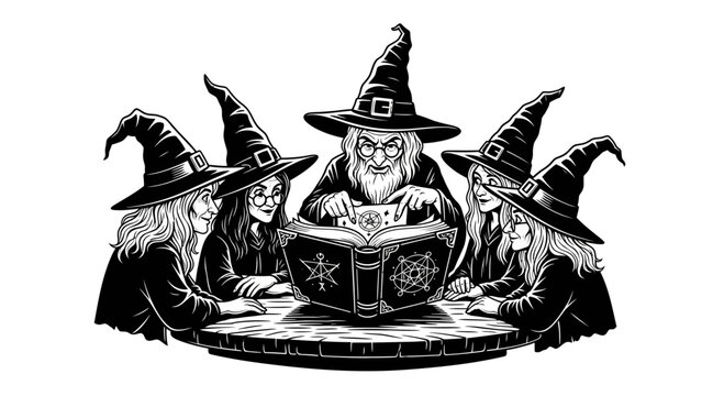 Vintage coven of witches reading magic spell book, mystical occult sorceress gathering, black and white gothic halloween vector illustration