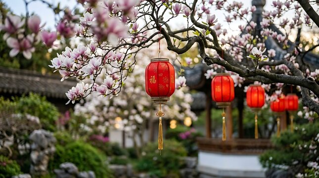 Red chinese lanterns hanging on blooming magnolia tree branches in traditional garden during spring festival