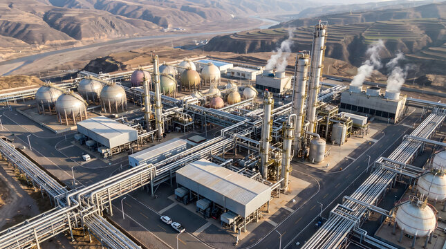 Aerial view of a gas processing plant with spherical storage tanks, tall distillation columns, and pipe networks in a mountainous landscape