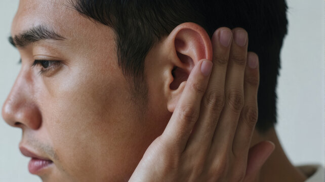 Man's hand near his ear, in quiet contemplation