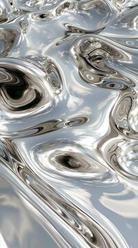 Silver metal undulates gently creating glossy waves that reflect light in a simple motion indoors.