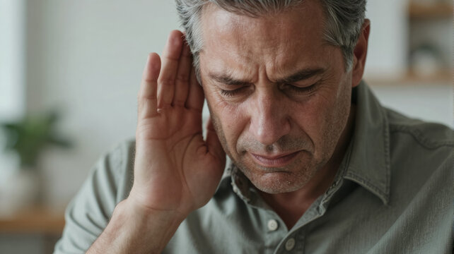 Middle-aged man shows frustration with hearing