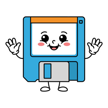 Cute floppy disk mascot character waving hello in a flat vector illustration style.