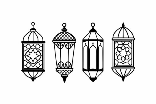 Decorative islamic lantern vector illustration set featuring intricate geometric patterns for ramadan celebration and cultural festival graphic design projects elegant style