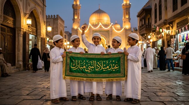  Muslim Boys Holding Eid Milad Al Nabi Mubarak Banner in Front of Illuminated Mosque at Night