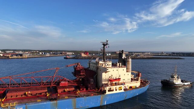 Close aerial inspection of ship bridge and deck equipment