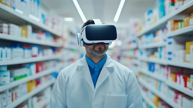 Male pharmacist wearing virtual reality goggles in bright drugstore aisle with medicine products futuristic healthcare retail technology medical training and pharmaceutical innovation concept scene