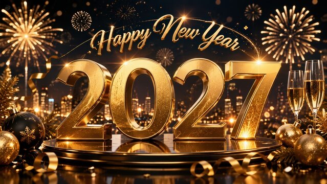 Luxury Golden 2027 Happy New Year Celebration &ndash; 3D Illustration with Fireworks and City Lights