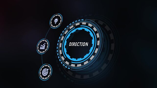 Futuristic HUD interface displaying direction concept with business icons growth lightbulb target strategy dashboard display.