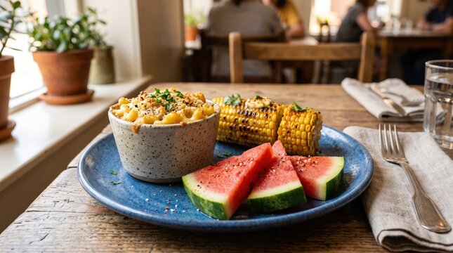Macaroni cheese with corn on cob and watermelon slices on plate